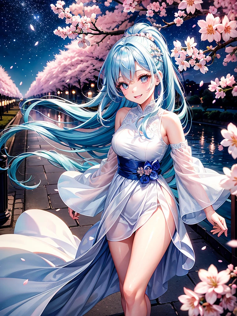 Highest Resolution,Highest quality,Walking along the cherry blossom-lined street at night１Beautiful girl of the person,Light blue hair,Very beautiful eyes,smile,Scattered cherry blossom petals,Night Sky,Starry Sky,moonlight,