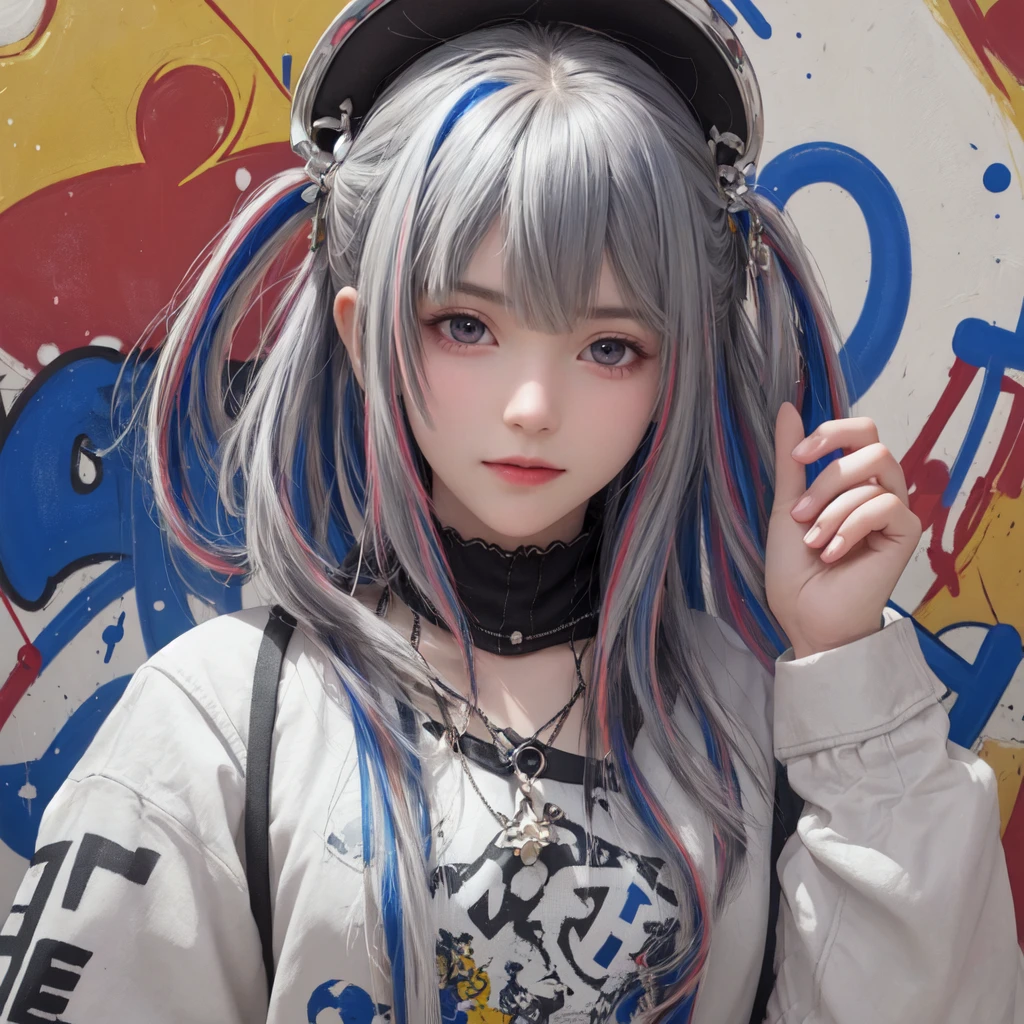 (best quality), masterpiece, Extremely detailed CG8K painting, high color, Extremely high color saturation, All colors are deepened, painting, graffiti art, central composition, Extremely detailed light and shadow, graffiti wall, The walls are painted bright colors, 1 girl graffiti 1 girl looking at the wall, The face and eyes are very detailed, medium length hair, sportswear, colorful clouds
