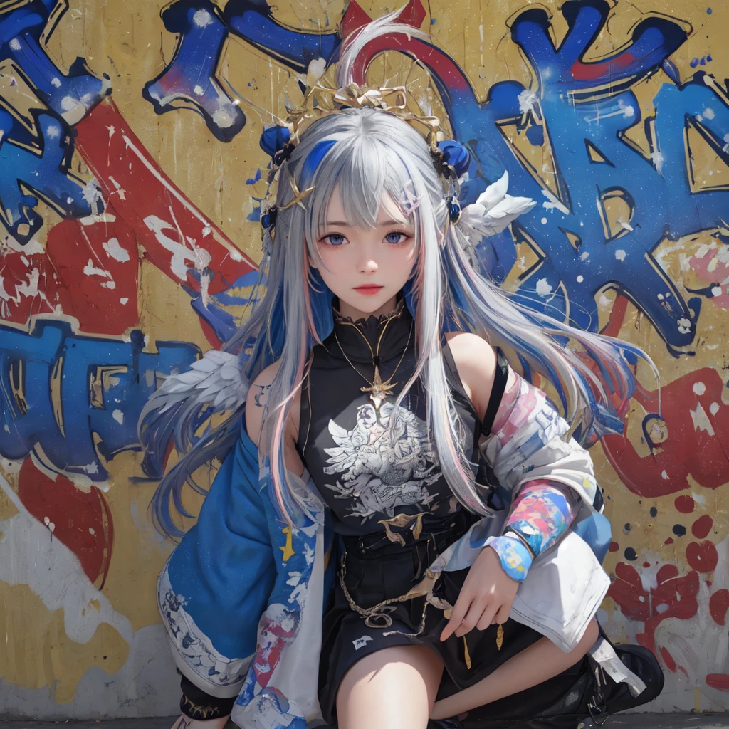 (best quality), masterpiece, Extremely detailed CG8K painting, high color, Extremely high color saturation, All colors are deepened, painting, graffiti art, central composition, Extremely detailed light and shadow, graffiti wall, The walls are painted bright colors, 1 girl graffiti 1 girl looking at the wall, The face and eyes are very detailed, medium length hair, sportswear, colorful clouds