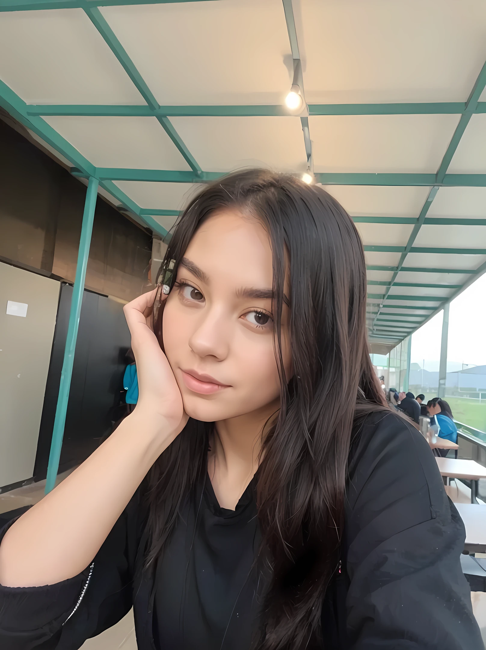 Wearing black clothes and white sneakers
