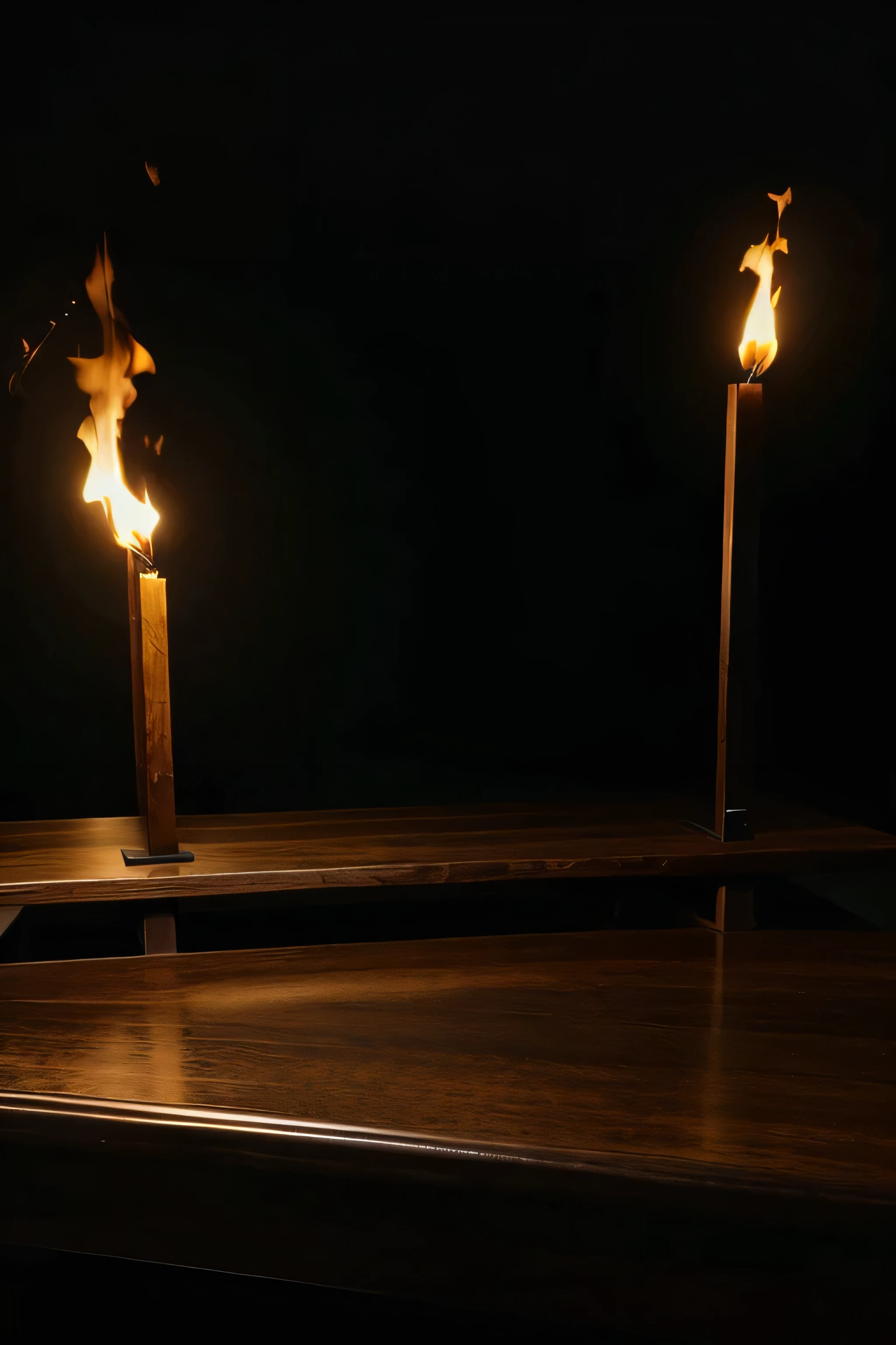 large, medium-dark wooden table at the bottom of the horizontal screen as photography for products with a dark background and fire