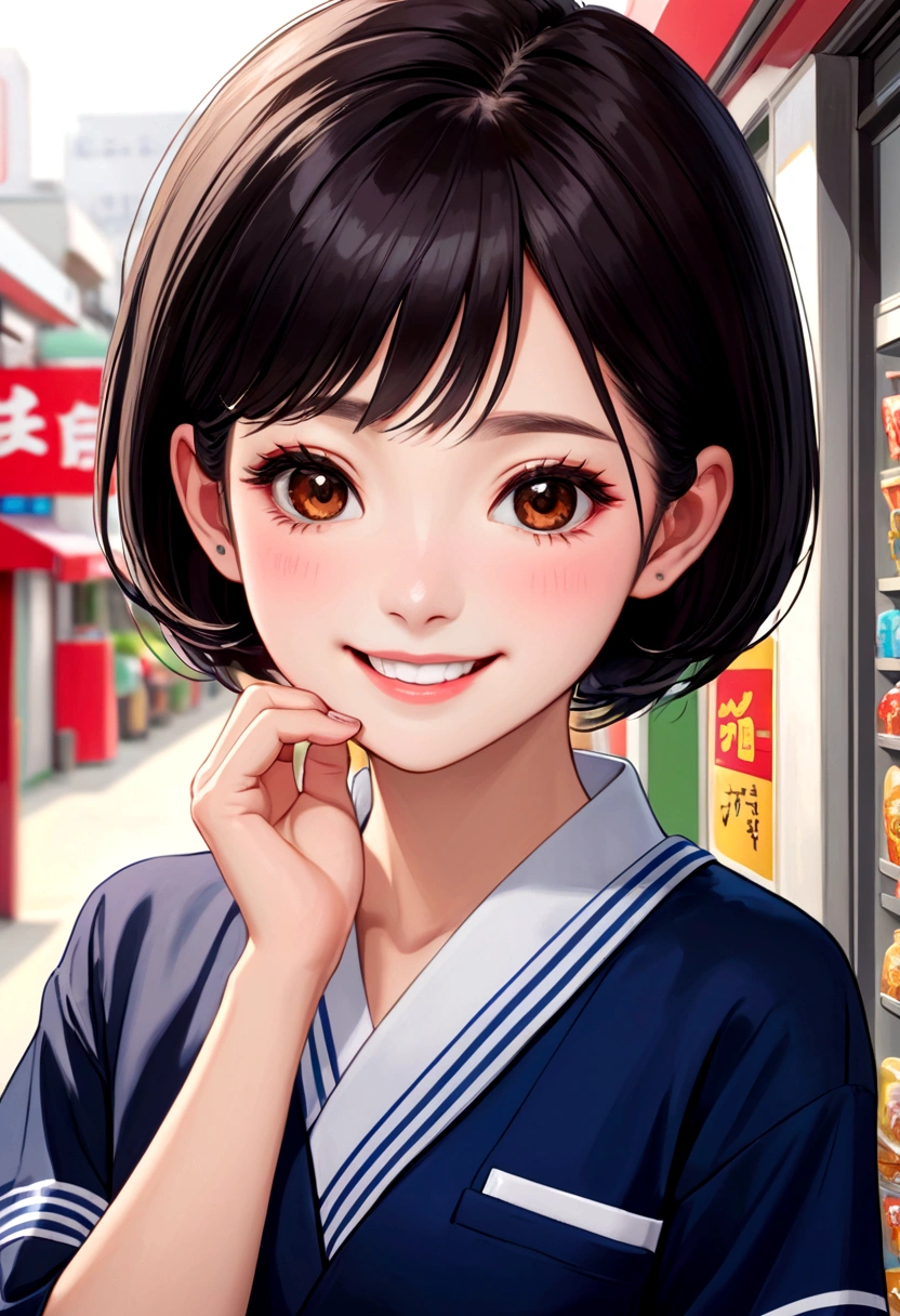 (Highest quality, 8K, 32k, masterpiece, Ultra-high resolution:1.2),Beautiful Japanese Women Photos、Group of 2、healthy、Glowing Skin, Shallow depth of field、Contrasting、Professional Model、looking forward to it、Overbyte、mouth half open、blush:2.5、Random hairstyles for short hair、Black Hair、Face close-up、Portraiture、Teeth are visible、Big Mouth、Droopy eyes、Round face、Multiple moles、Fair skin、Active 24 year old、Brown eyes、Big smile、convenience store、Wear a uniform、Working