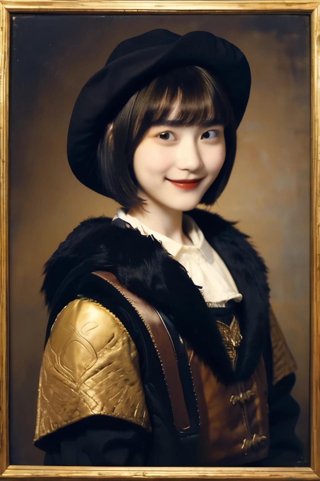 252 (An 18-year-old female and an 18-year-old male), (short hair),kind, lipstick, (Rembrandt-style painting), smile