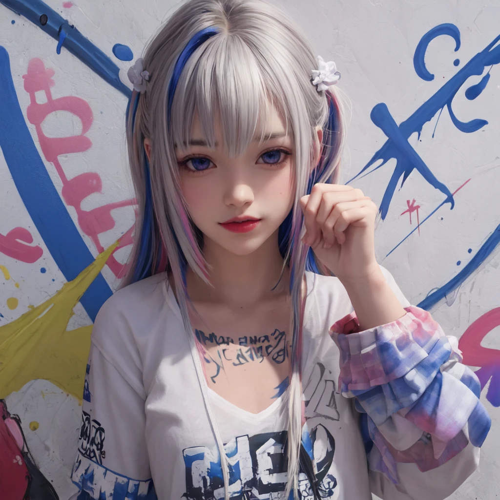 (best quality), masterpiece, Extremely detailed CG8K painting, high color, Extremely high color saturation, All colors are deepened, painting, graffiti art, central composition, Extremely detailed light and shadow, graffiti wall, The walls are painted bright colors, 1 girl graffiti 1 girl looking at the wall, The face and eyes are very detailed, medium length hair, sportswear, colorful clouds