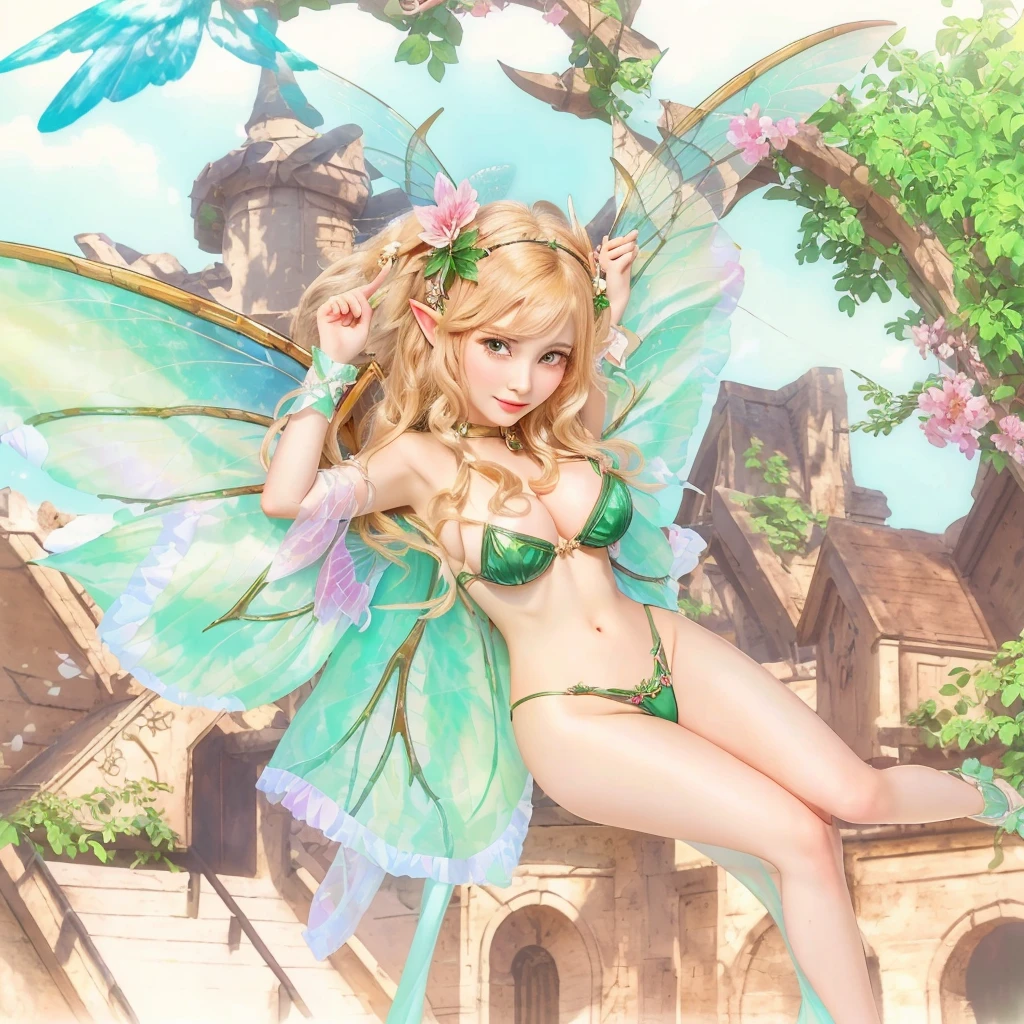 Anime angel with wings and bikini on the balcony, Queen of the Summer Forest, ยิ้มราวกับqueen of the fairies, queen of the fairies, insect trainer girl, goddess of summer, high detailed official artwork, Elf Girl, Charming elf princess knight, Kuchart Krenz Key Art Feminine, Elf Girl wearing an flower suit, Very detailed fan art, big breasts, realistically, girl