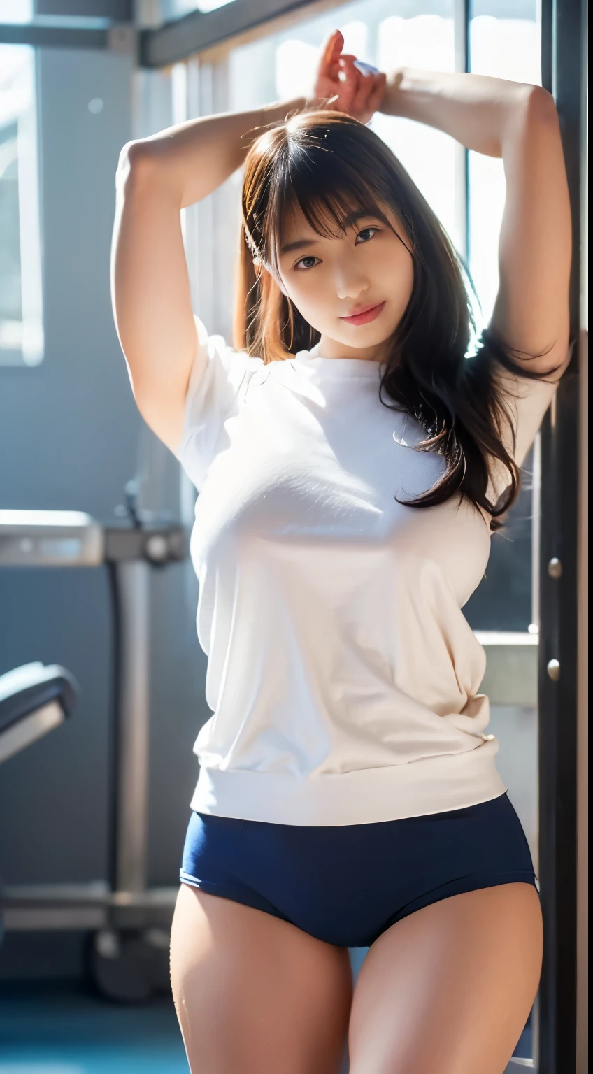 Portrait from head to knee、alone、high school girl、White skin、Natural Makeup、Black Hair、bangs、Straight Long Hair、((School-designated gym clothes))、((The upper body is a white short-sleeved gym uniform))、((Long white gym clothes))、(((Very tight bloomer rise bloomers)))、(((Navy Bloomer)))、(((Tuck the bottom of your gym clothes into your bloomers)))、Big Breasts、Big Ass、(((Schoolyard)))、((Realistic fingers))、((Perfect Style))、((Realistic body shape))