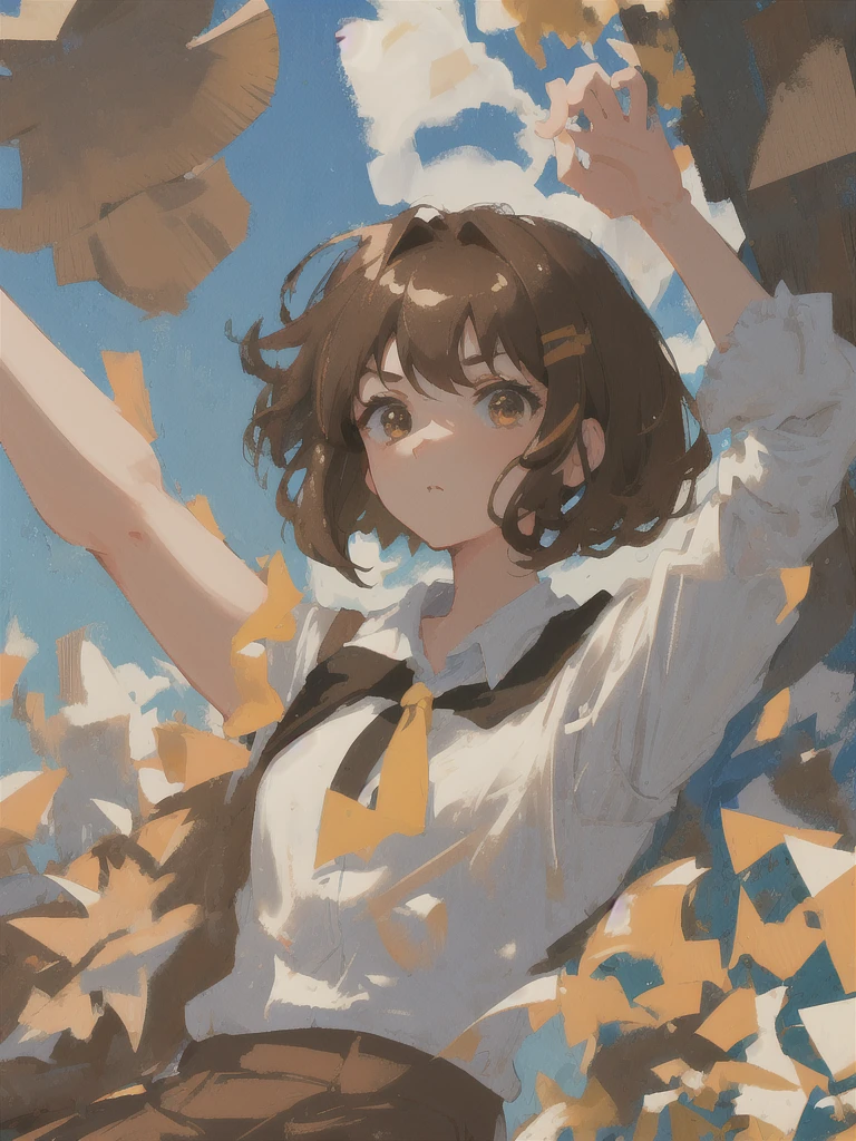 1girl, portrait, brown hair, short to medium hair, brow eyes, looking at camera, dynamic pose, hd, 4k, high quality, masterpiece