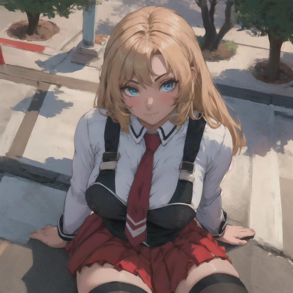 ((masterpiece, best quality)), insaneres, absurdres, solo, outdoors,
CLOTHING_BibleBlack_SchoolDress_ownwaifu, 
1girl, blonde hair,  long hair, blue eyes, 
black vest, red skirt, white shirt, collared shirt, suspenders, , black thighhighs, zettai ryouiki, necktie, long sleeves, pleated skirt, red necktie, 
(from above, sitting)lens flare, depth of field, bokeh, embers, vanishing point, looking at viewer,