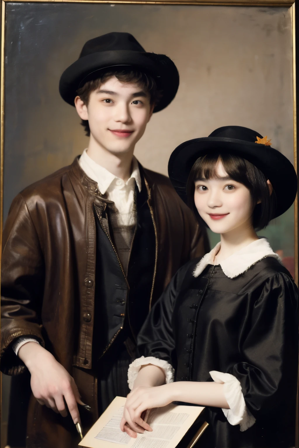 252 (An 18-year-old female and an 18-year-old male), (short hair),kind, lipstick, (Rembrandt-style painting), smile
