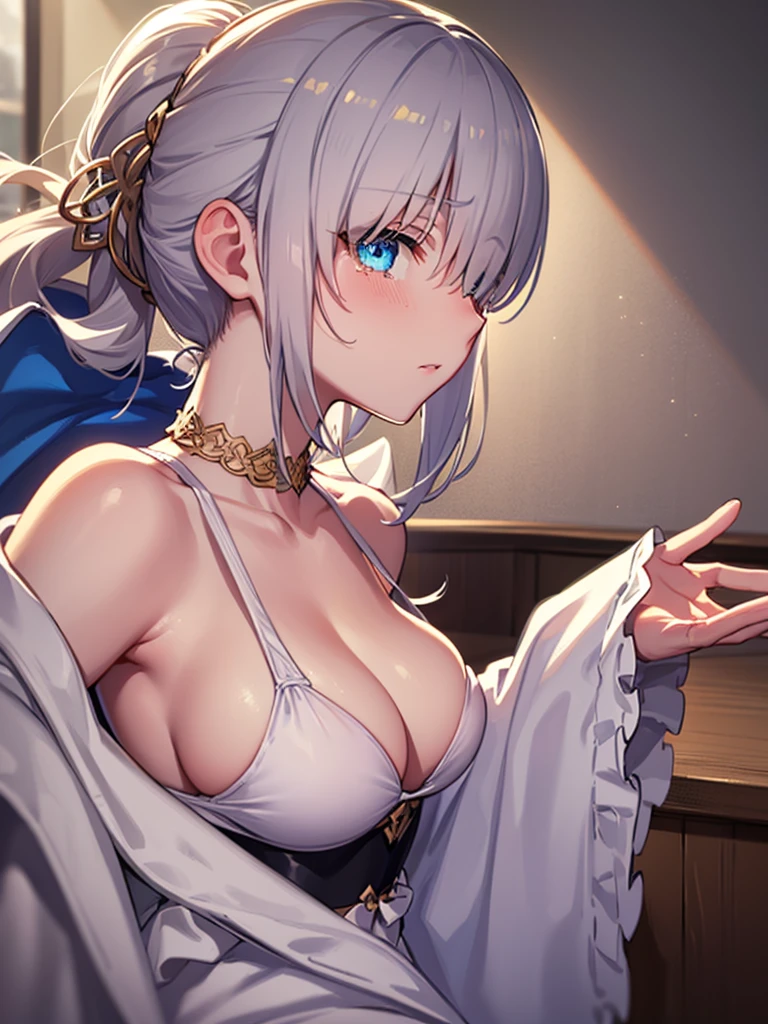 ((Crying)),((Side angle)),(((Face close-up))),(((No background))),(Show me your armpits),((((Portrait of a woman alone)))))),((White Bikini)),((ponytail)),((Exposed shoulders)),Anime art style,masterpiece,(Highest quality), (Super Detail),(Very delicate and beautiful),(alone),(Detailed face and eyes),Beautiful eyes like jewels,(A truly gorgeous jeweled ruffled rococo ball gown dress),(((Mature Woman,Queen))),fgo,anastasia, anastasia, blue eyes, Grey Hair, Hair between the eyes, (Hair on one eye:1.5), Long Hair, bangs,
BREAK blue cape, brown hair band, cape, dress, Fur trim, hair band, Royal Robes, sash, tachi-e, white dress, Wide sleeves,
BREAK looking at viewer,
BREAK indoors,
BREAK (masterpiece:1.2), Highest quality, High resolution, unity 8k wallpaper, (shape:0.8), (Beautiful attention to detail:1.6), Highly detailed face, Perfect lighting, Extremely detailed CG, (Perfect hands, Perfect Anatomy),