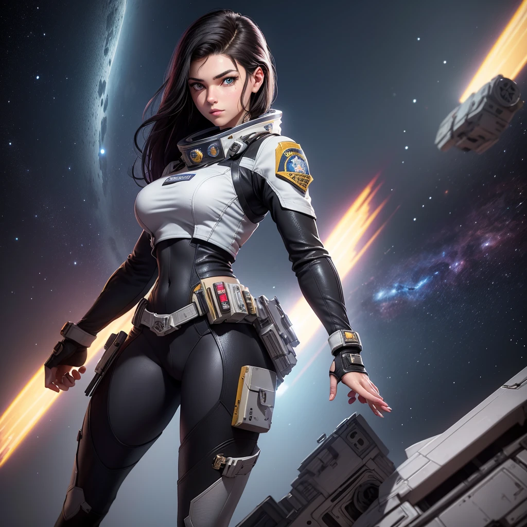 Heather Akron is a 18 years old girl space fighter with dark hair.. His eyes are yellow color, and his gaze is sexy, she has a tall stature and a strong build due to his military training.. He usually wears tight military officer uniforms, with insignia and patches indicating their rank and affiliation.
