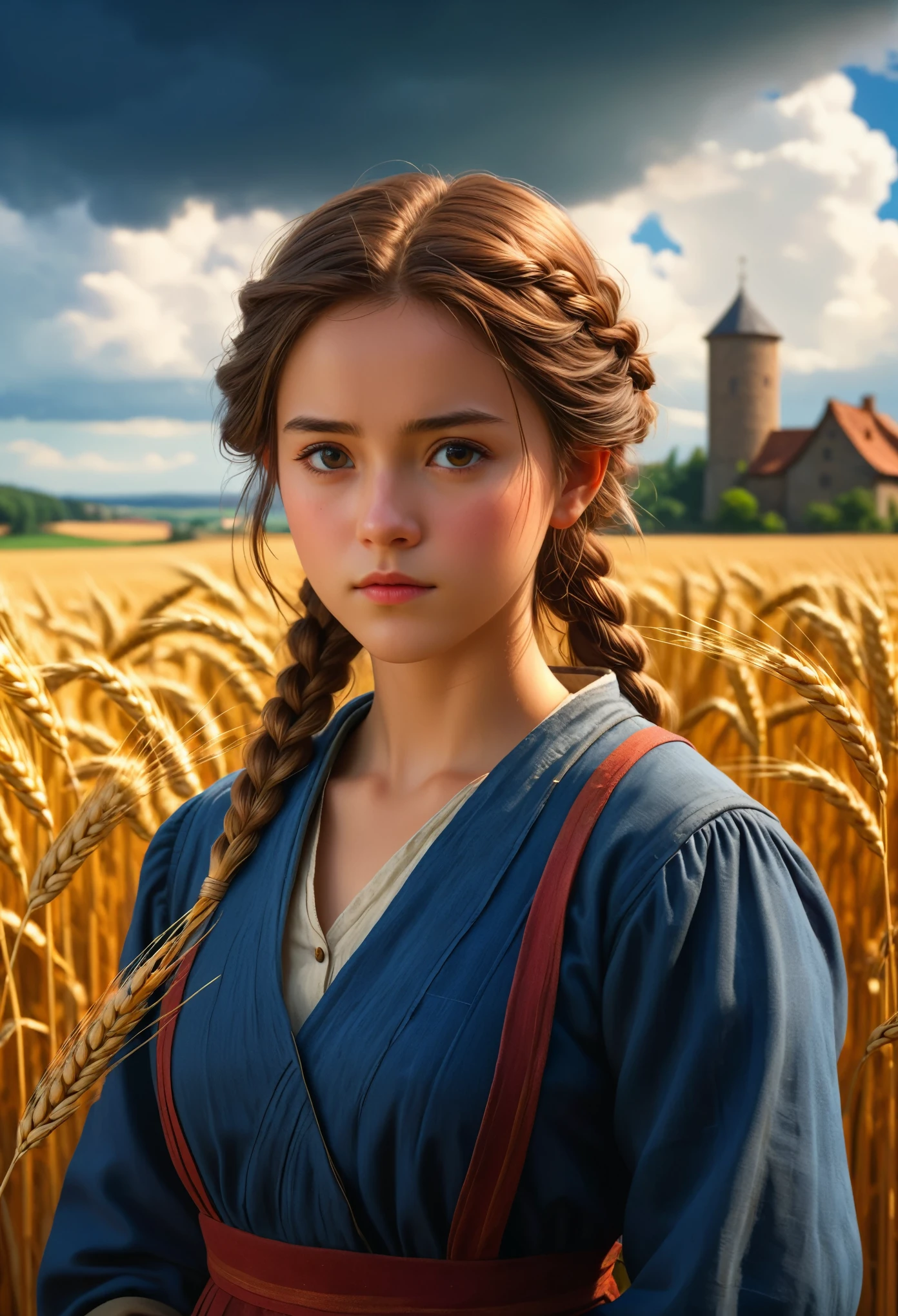 a beautiful peasant girl working in a farm, detailed portrait of a young woman with sad eyes, wheat field, dark cloudy sky, floating island, castle in the clouds, (best quality, 4k, 8k, highres, masterpiece:1.2), ultra-detailed, (realistic, photorealistic, photo-realistic:1.37), HDR, UHD, studio lighting, ultra-fine painting, sharp focus, physically-based rendering, extreme detail description, professional, vivid colors, bokeh, portraits, concept art, dramatic lighting, moody, ghibli studio style