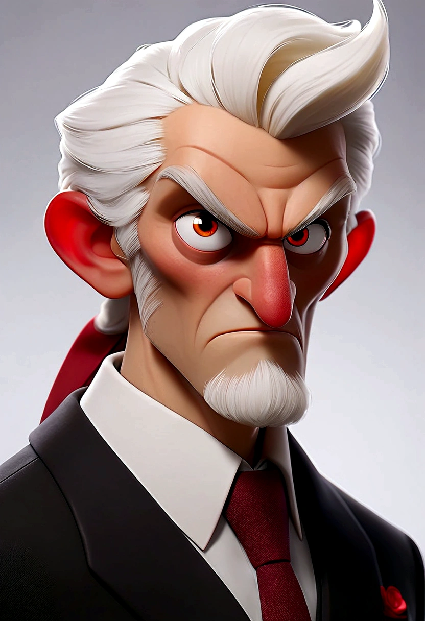 hombre con White hair (hairstyle with tail) red eyed, White hair, with an approximate age of 54 years, well dressed in a formal suit with michi tie ,director of a school (he&#39;s actually a demon.