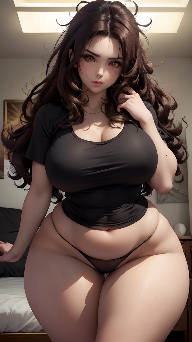 1female, 24 years old, she has curly hair, hair curly, (long hair: 1.0), (dark brown hair: 1.5), (messy hair), (asian eyes), gorgeous face, beautiful girl, brown eyebrows, (brown eyes: 1.5), (big breasts: 1.0), perfectly rounded breasts, (thick thighs: 1.5), (wide hips: 1.5), (wide pelvis: 1.5), big chest, curvaceous, (defined girl), (fitness girl: 1.0), perfect body shape, (brunette skin: 1.35), (body moles), (((wearing sport clothing, black thong and a black baggy t-shirt, bare legs))), (((plain t-shirt))), (loose t-shirt: 1.35), (bedroom, bed, messed bedroom, warm light background), sexy, erotic, daring, (detailed background), 8k quality, wallpaper, high quality, Cinmatic lightning, gentle face, expressive face, (detailed face), the face is well lit, (detailed eyes), beautiful eyes, centered,scale to fit dimensions,Rule of thirds), highres,sharp focus, (ultra detailed,extremely detailed),(photorealistic artwork:1.37),(extremely detailed CG unity 8k wallpaper), (((vibrant colors,vibrant theme))), standing on your feet, Cinmatic lightning, (sexy pose), (dynamic pose: 1.5), thigh high, sensual girl, (medium full shot), perfect proportionate body, (american shot), (perspective from below: 1.0), camera angle