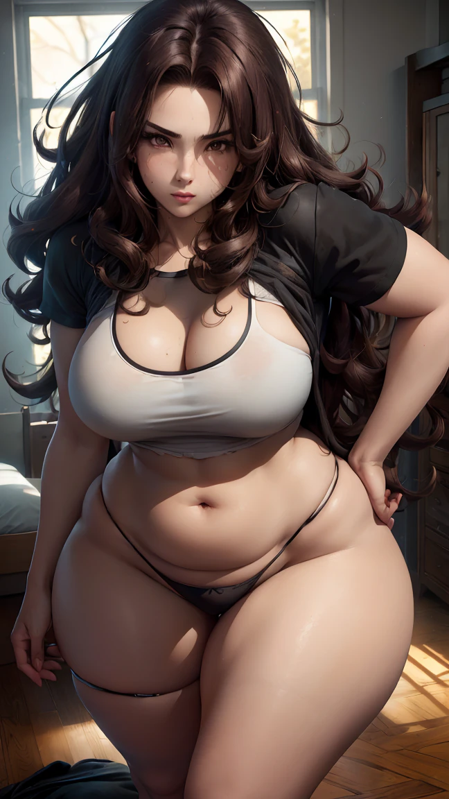 1female, 24 years old, she has curly hair, hair curly, (long hair: 1.0), (dark brown hair: 1.5), (messy hair), (asian eyes), gorgeous face, beautiful girl, brown eyebrows, (brown eyes: 1.5), (big breasts: 1.0), perfectly rounded breasts, (thick thighs: 1.5), (wide hips: 1.5), (wide pelvis: 1.5), big chest, curvaceous, (defined girl), (fitness girl: 1.0), perfect body shape, (brunette skin: 1.35), (body moles), (((wearing sport clothing, black thong and a black baggy t-shirt, bare legs))), (((plain t-shirt))), (loose t-shirt: 1.35), (bedroom, bed, messed bedroom, warm light background), sexy, erotic, daring, (detailed background), 8k quality, wallpaper, high quality, Cinmatic lightning, gentle face, expressive face, (detailed face), the face is well lit, (detailed eyes), beautiful eyes, centered,scale to fit dimensions,Rule of thirds), highres,sharp focus, (ultra detailed,extremely detailed),(photorealistic artwork:1.37),(extremely detailed CG unity 8k wallpaper), (((vibrant colors,vibrant theme))), standing on your feet, Cinmatic lightning, (sexy pose), (dynamic pose: 1.5), thigh high, sensual girl, (medium full shot), perfect proportionate body, (american shot), (perspective from below: 1.0), camera angle