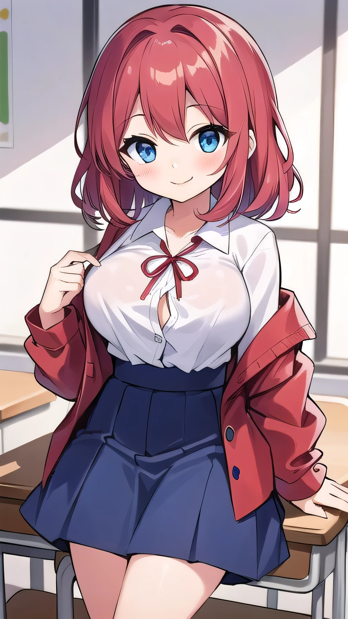 Big breasts, red hair, blue eyes, droopy eyes, red jacket, long sleeves, navy skirt, , super big breasts, (medium hair: 1), baggy clothes, elementary school studentt, 10 years old, old, shy Agari, smiling a little, trtton his shirt the classroom, white shirt, soft hair，straight hair  , gentle smile, a little smile ，