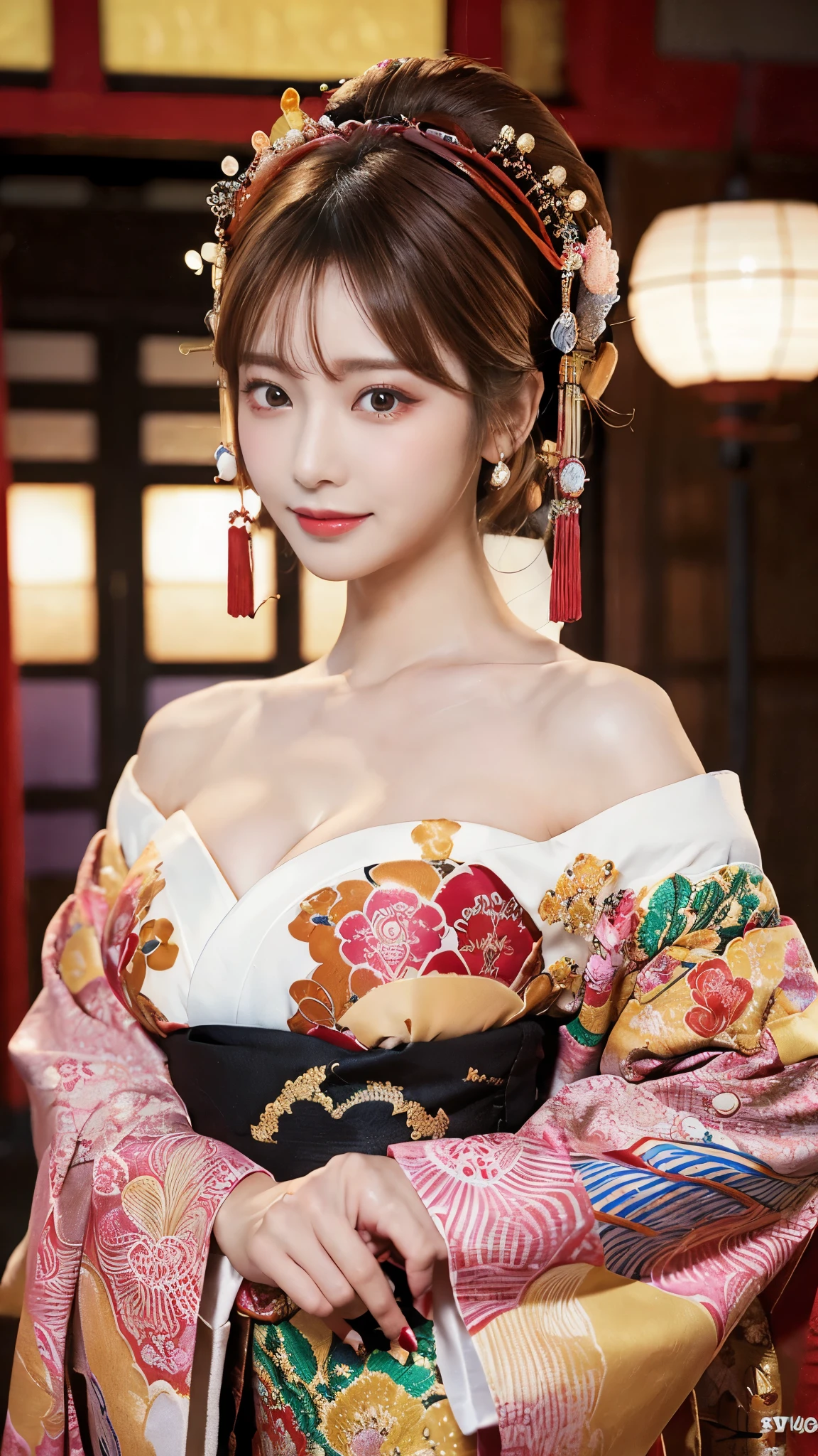 (Detailed skin:1.2),(Shiny skin:1.1),8K,Highest quality, masterpiece, Ultra-high resolution,(Realistic:1.4), RAW Photos,(Soft saturation:1.3),(Fair skin:1.2),Half-Japanese beauty,repair,20 years, Light brown hair, (Up-Hairstyles:1.2), Asymmetrical Hair, (Pretty face:1.4), (Large Breasts, Tight waist), Beautiful lighting, (Sexy Oiran:1.2,),Highly detailed face, Highly detailed lips, fine grain, double eyelid, (Sharp focus: 1.2), (Perfect Anatomy),(Beautiful woman with perfect figure: 1.2)、Exposing cleavage、Random sexy poses,(Accentuate your leg lines:1.2)、kimono、Sharp Eyes,smile