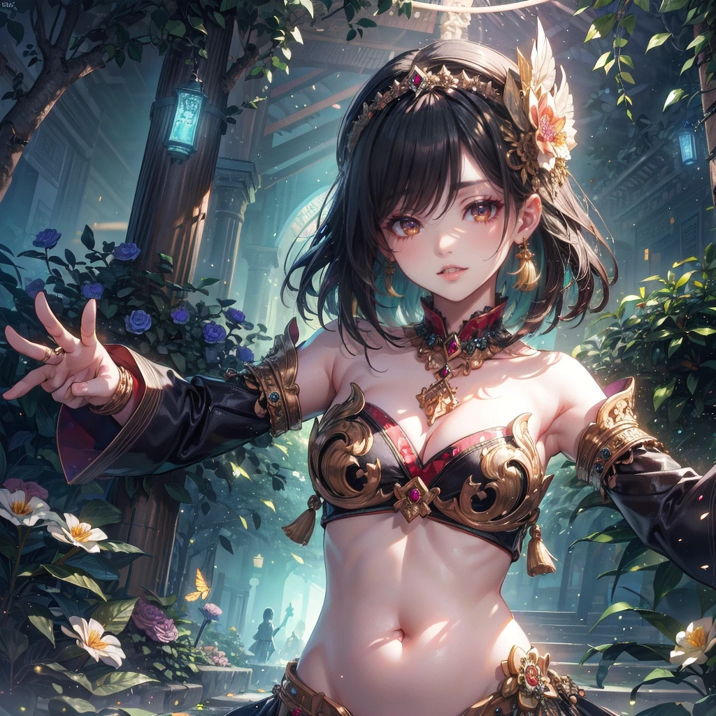 (masterpiece:1.5), (((high qualityสุด, 最high quality, high quality))), ((Intricate details, Very detailed, Crazy Details)), height, 32ก, Very detailedな CG 8k ユニティ壁紙., (Beautiful and beautiful:1.2),, (Depth of written boundary:1.3), (perfection.:1.3), (Delicate depiction of every detail:1.4),Anatomically correct body、
(((Abundant natural light, Fun bright colors))), (Ambient Volume Backlight:1.5),  (An illustration of a very beautiful young woman:1.3),
(Upper Body:1.4), (perfectionな中心:1.4), (Natural Willow Pose:1.5), (((Dynamic pose, Movie Corner))),
(1 Mature Woman:1.5), (alone:1.4),
Beautiful beautiful face, [(Detailed face:1.2):0.2], Bright Eyes, Pure rose face_v1, Urzan-6500-v1.1,  (gag:1.5), (Red lips:1.4), (Fuller lips:1.4), (smile:1.3),
perfection attractive body, (((Accentuates feminine curves.))), Brighter, more radiant skin., Realistic Skin, Hair follicle, (((Tighten your stomach, belly button, between legs:1.3))),
(((Golden threads fluttering.))), (Fringe Tassel:1.3), (Tight long sleeves:1.4), (Single Neck), (The invention is brilliant.:1.5),(Strapless Thai Dress:1.3),(Show me your breasts,The gap is clear.), (Elegant and exquisite clothing accessories:1.5), (jewelled embroidery:1.4), (Sparkly clothes:1.4), (Glowing particles:1.3), (((The front seam is loose., Saggy back seam))), (((Earrings, Armband, Barrette, hair accessory))), (Stand alone in a magical outdoor garden decorated with gems and colorful exotic flowers and shrubs.:1.5), (Outside the great ancient palace:1.5), 