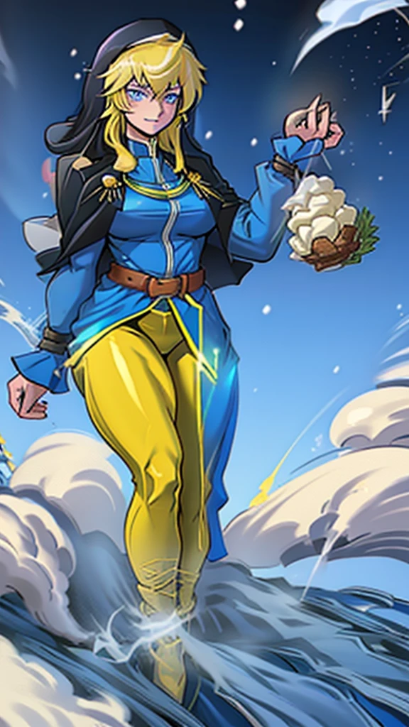 Highly detailed, 1 girl, goeniko, cream-yellow hair, shiny blue eyes, serious, goeniko's clothes, big buson, curvy body, looking to the viewer, snowing, Large chains in hand