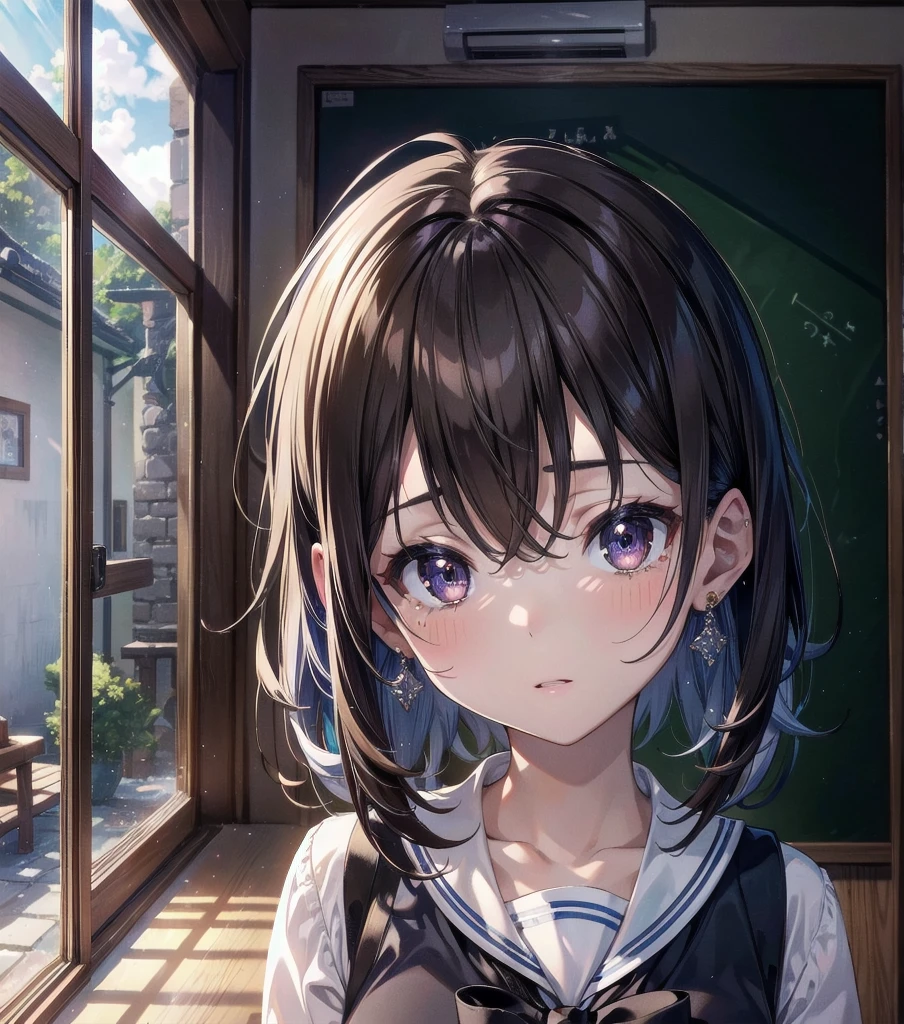 absurdres, RAW photo, extremely delicate and beautiful, masterpiece, Best Quality, ultra high resolution, 32k, hyperrealistic, ultra-detailed, super Detailed skin, perfect figure, Very detailed CG 8k wallpaper, in her 20s, very small head, very small face, delicate facial features, tearful mole, earring, very huge round breasts, full body shot, shorter middle hair, wavy hair, ((school uniform)), bedroom,