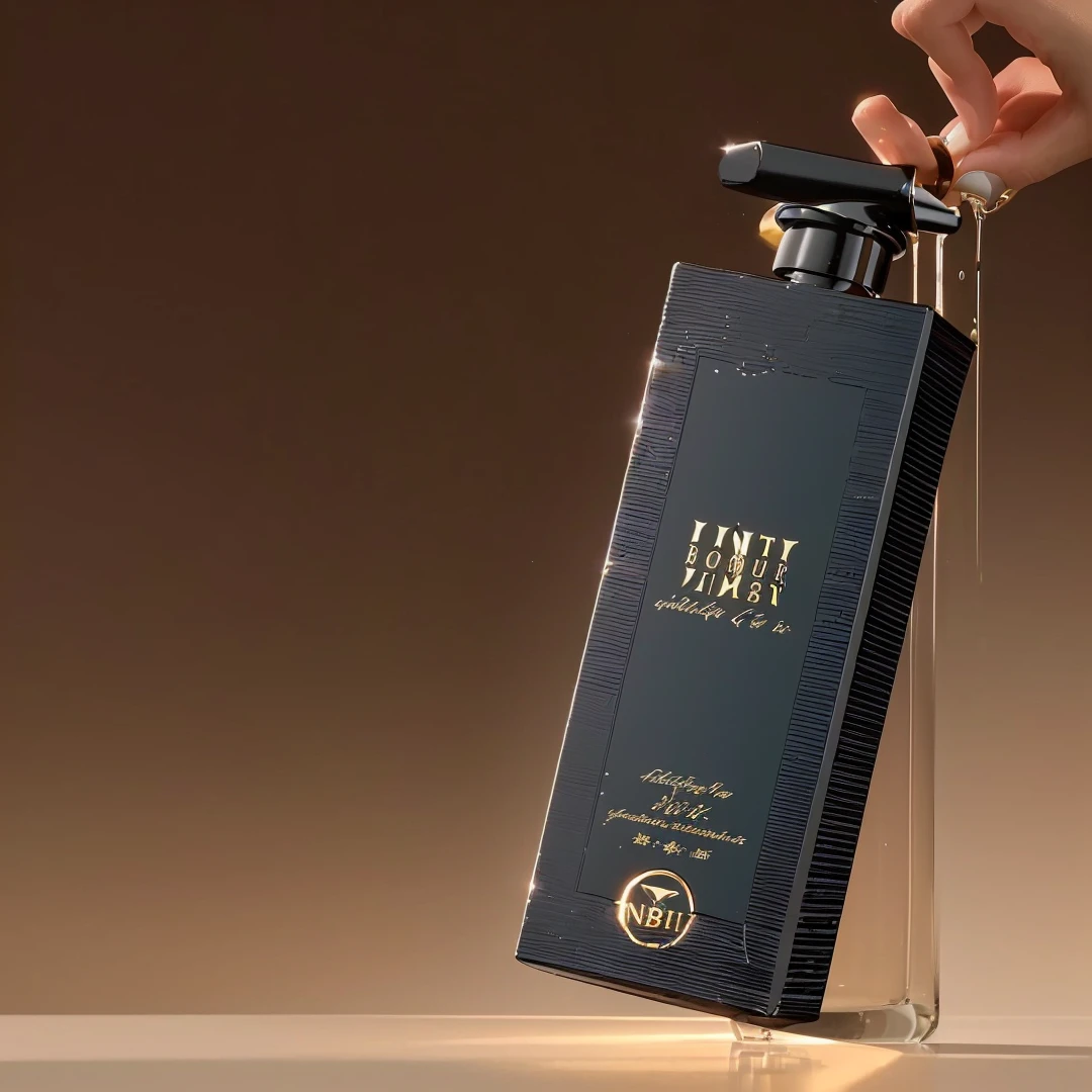 Someone is pouring something into a bottle of perfume on the table, masterpiece, best quality, (Extremely detailed CG unity 8k wallpaper), (best quality), (Best Illustration Award), (The best shadow), Realistic lighting, Beautiful and delicate light, Artworks by Peter Mohr Bacher,hand,Transparent liquid,There is liquid on the table,Liquid flowing on the bottle