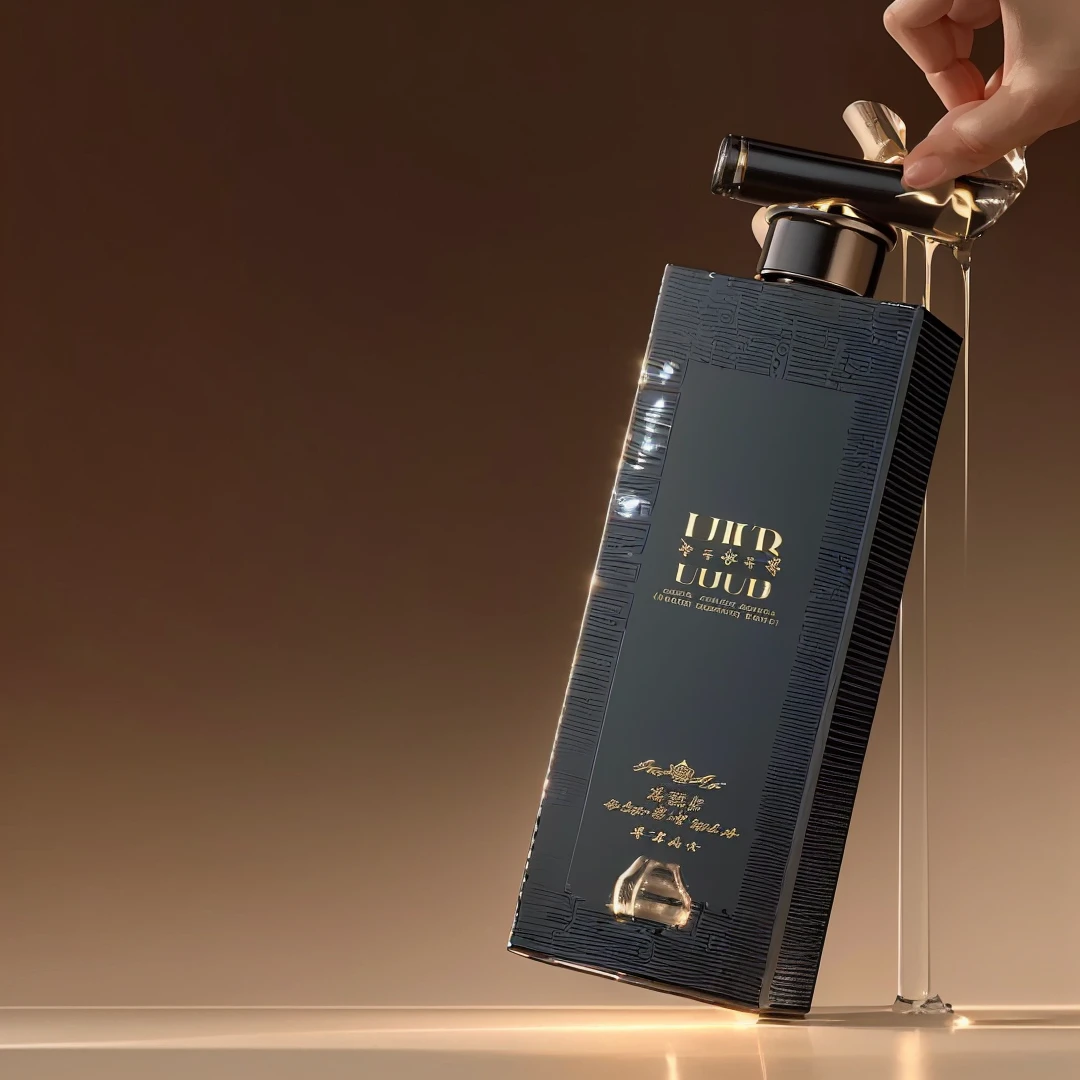 Someone is pouring something into a bottle of perfume on the table, masterpiece, best quality, (Extremely detailed CG unity 8k wallpaper), (best quality), (Best Illustration Award), (The best shadow), Realistic lighting, Beautiful and delicate light, Artworks by Peter Mohr Bacher,hand，Transparent liquid，There is liquid on the table，Liquid flowing on the bottle