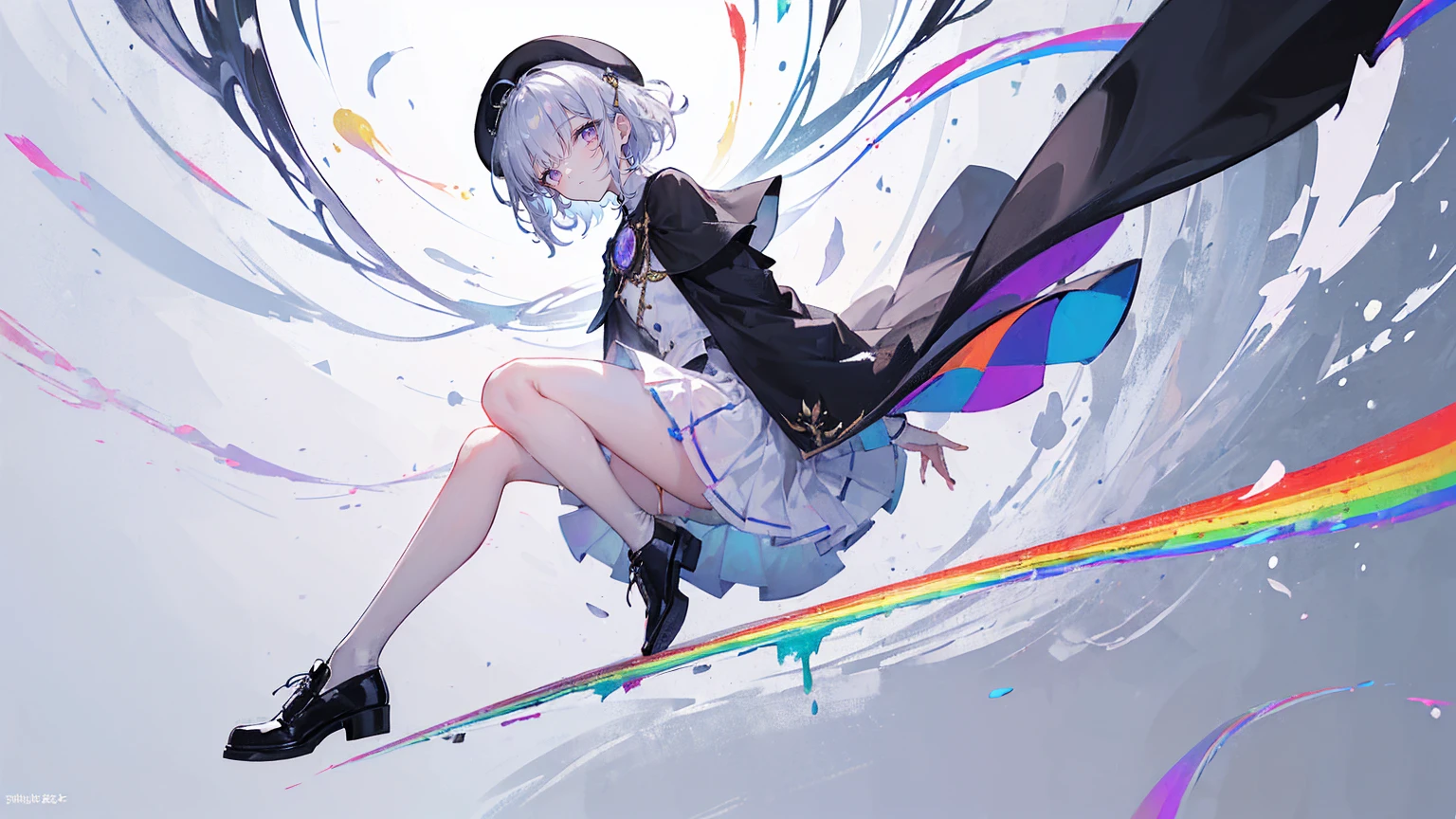 (Super detailed)),((illustration)),((masterpiece)),(((need))),((fine、Highest quality CG Unity 8K wallpapers,masterpiece),((4K,masterpiece,best quality)),rainbow发的大概16岁的少女,flat chest,short hair,Gold and silver eyes,Golden Apprentice Uniform,Black short cape,Berets,Black shoes,Paint flowing under your feet,Black Silk,Take the color palette,White short skirt covered with paint,Monocle,The walls are covered with portraits,身边有rainbow,phantom,Exhaustion,Overworked,There is a huge drawing board in front of me.,Floating in a white room,Paint condensed in the air,rainbow,individual,Full body picture