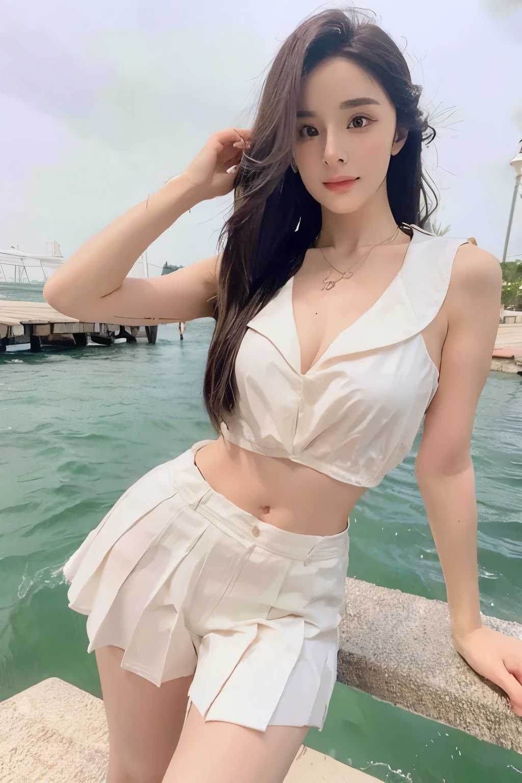 Beautiful woman with perfect body：1.4，Prominent cleavage，Layered Hairstyle，Highly detailed face and skin textures，Double eyelids，Skin Whitening，Long hair，Whitened long legs，（Uniforms，necklace），Standing by the sea，Half-length photo