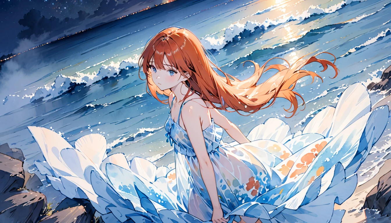 (masterpiece, best quality), ((1 girl, alone, long hair)), Ishmael_limbus, innocent expression, bare arms, bare shoulders, bare neck, watercolor, sundress, liquid clothes, water, wave, water dress, blue_theme, night, mist, dark, sharp focus, Ocean, see through dress, orange hair