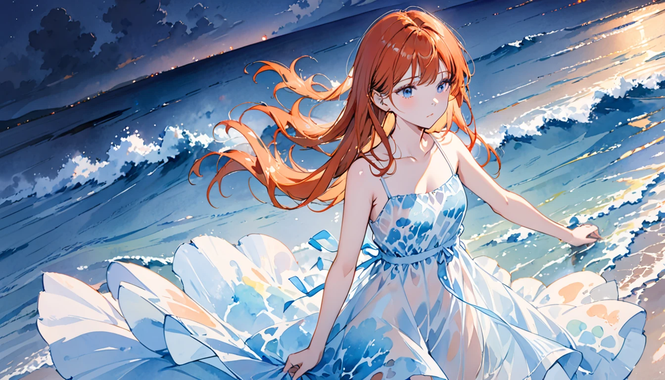 (masterpiece, best quality), ((1 girl, alone, long hair)), Ishmael_limbus, innocent expression, bare arms, bare shoulders, bare neck, watercolor, sundress, liquid clothes, water, wave, water dress, blue_theme, night, mist, dark, sharp focus, Ocean, see through dress, orange hair