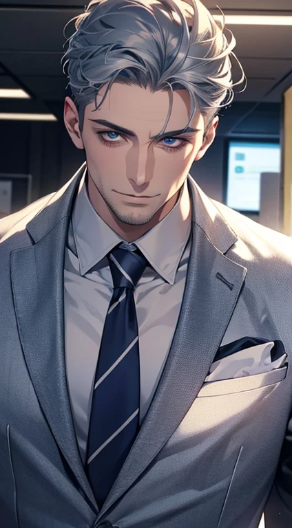 (best quality,4k,8k,highres,masterpiece:1.2),ultra-detailed,(realistic,photorealistic,photo-realistic:1.37),1 man,31 years old,mature man,very handsome,without expression,smile,short grey blue hair,blue eyes,penetrating gaze,perfect face without errors,imposing posture,businessman,office background,cinematic lighting,hdr image