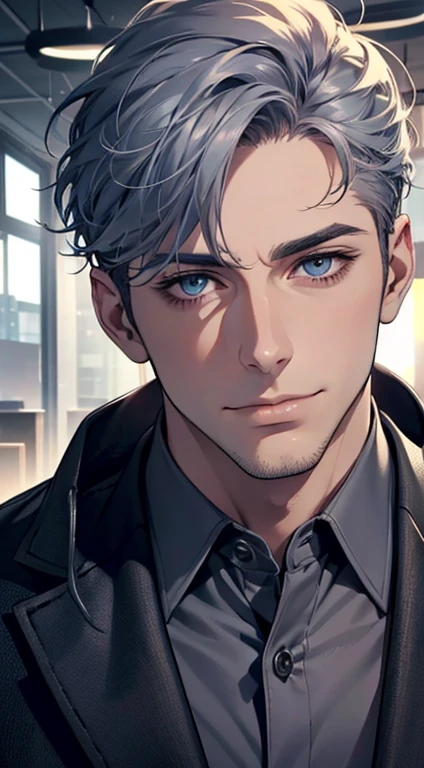 (best quality,4k,8k,highres,masterpiece:1.2),ultra-detailed,(realistic,photorealistic,photo-realistic:1.37),1 man,31 years old,mature man,very handsome,without expression,smile,short grey blue hair,blue eyes,penetrating gaze,perfect face without errors,imposing posture,businessman,office background,cinematic lighting,hdr image