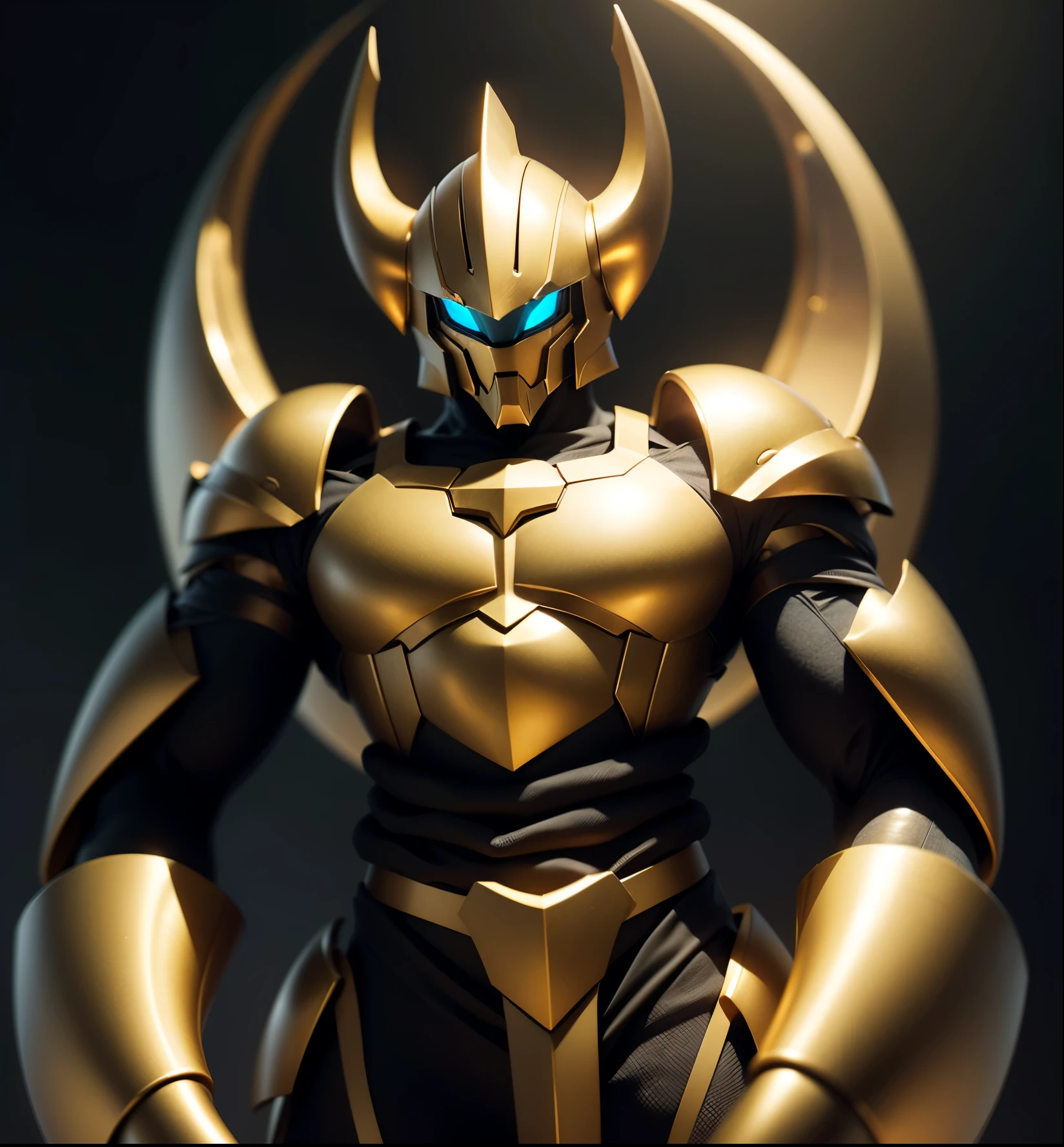 Two long horns on head, golden horns, horns on both shoulders, golden armor, dark night background, high quality, blue visor,