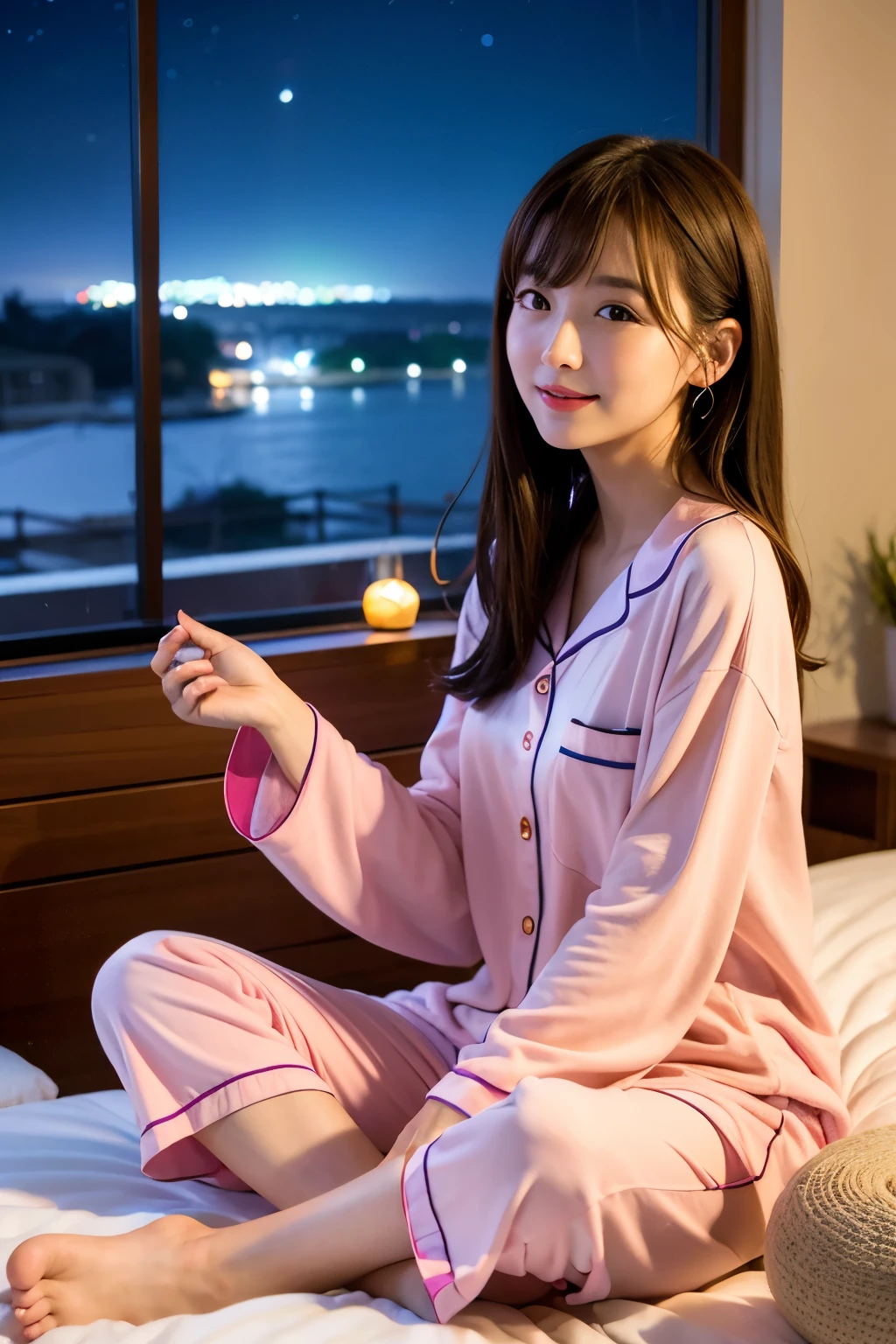 ((Highest quality)), １６：９、Cute Girls、On the bed、Listening to music with earphones、You can see the night sky from the window、anime風、anime、Wearing pajamas
