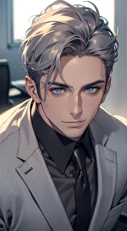 (best quality,4k,8k,highres,masterpiece:1.2),ultra-detailed,(realistic,photorealistic,photo-realistic:1.37),1 man,31 years old,mature man,very handsome,without expression,smile,short grey hair,blue eyes,penetrating gaze,perfect face without errors,imposing posture,businessman,office background,cinematic lighting,hdr image
