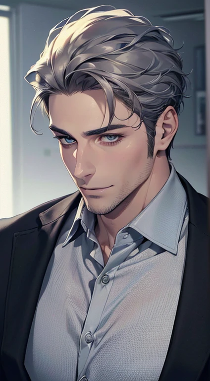 (best quality,4k,8k,highres,masterpiece:1.2),ultra-detailed,(realistic,photorealistic,photo-realistic:1.37),1 man,31 years old,mature man,very handsome,without expression,smile,short grey hair,blue eyes,penetrating gaze,perfect face without errors,imposing posture,businessman,office background,cinematic lighting,hdr image