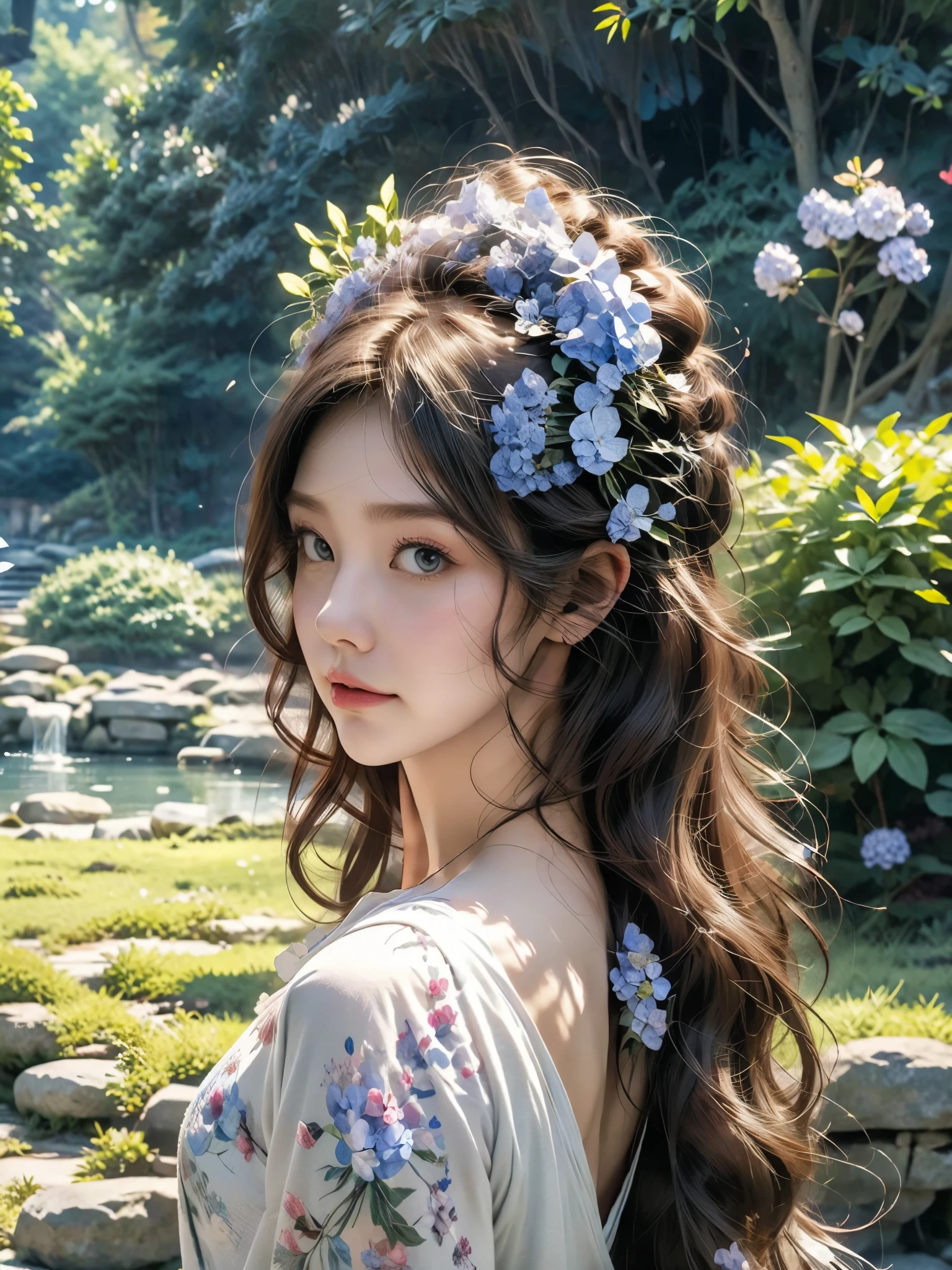 hydrangeas, Park, lake, small hill, pebble path,アニメ, work of art, best qualityer, anatomically correcte, High details, 8K, wall-paper