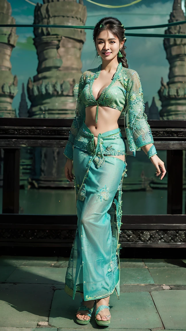 hyperphotorealistic.
braided hair, brownish hair color, blue combination.
beautiful girl 18yo, Indonesian girl.
((wearing green kebaya: 1.5)), long sleeve kebaya, chest transparent.
wearing batik cloth overalls with charming details, ((full body: 1.5)).
slightly wet road: 1.5,
slit on the side, so that her legs can be seen: 1.5,
((wearing batik shoes on her feet: 1.5,))
((background of a magnificent Prambanan temple: 1.5))
((face detail: 1.5, eye detail: 1.5, nose detail: 1.5, lip detail: 1.5, skin detail: 1.5, smooth skin: 1.5, busty: 2.0, busty: 1.5, big cleavage: 2.0, hyperphotorealistic: 1.5, big smile: 1.5, don't show 2girls: 1.5, do not show 3girl: 1.5, do not show 4girl: 1.5, HQ, 32K)),