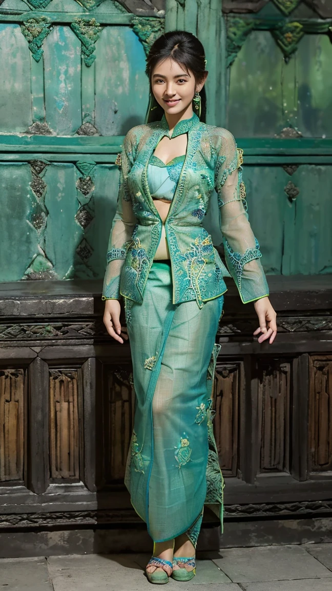 hyperphotorealistic.
braided hair, brownish hair color, blue combination.
beautiful girl 18yo, Indonesian girl.
((wearing green kebaya: 1.5)), long sleeve kebaya, chest transparent.
wearing batik cloth overalls with charming details, ((full body: 1.5)).
slightly wet road: 1.5,
slit on the side, so that her legs can be seen: 1.5,
((wearing batik shoes on her feet: 1.5,))
((background of a magnificent Prambanan temple: 1.5))
((face detail: 1.5, eye detail: 1.5, nose detail: 1.5, lip detail: 1.5, skin detail: 1.5, smooth skin: 1.5, busty: 2.0, busty: 1.5, big cleavage: 2.0, hyperphotorealistic: 1.5, big smile: 1.5, don't show 2girls: 1.5, do not show 3girl: 1.5, do not show 4girl: 1.5, HQ, 32K)),
