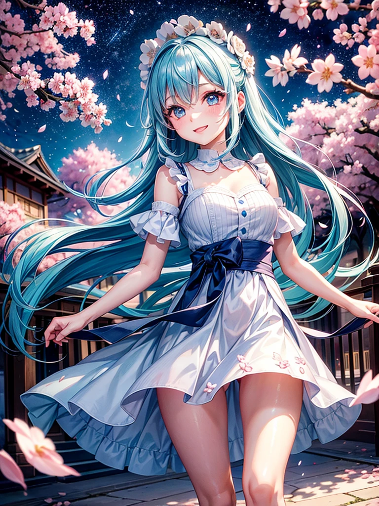 Highest Resolution,Highest quality,Walking along the cherry blossom-lined street at night１Beautiful girl of the person,Light blue hair,Very beautiful eyes,smile,Scattered cherry blossom petals,Night Sky,Starry Sky,moonlight,front,Big eyes,