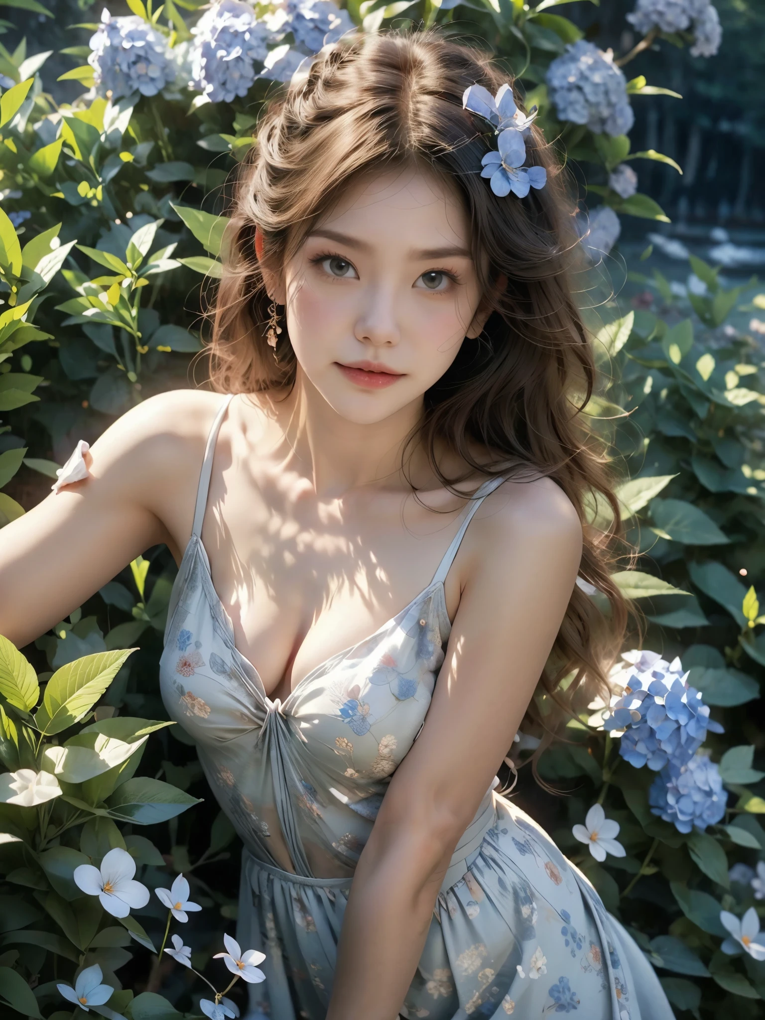 hydrangeas, Park, lake, small hill, pebble path,アニメ, work of art, best qualityer, anatomically correcte, High details, 8K, wall-paper