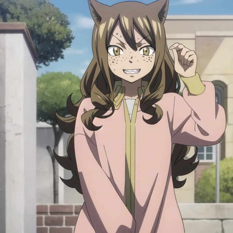 Masterpiece, best quality, 1girl, (face focus), 9 years old, (very young:1), looking at viewer, depth of field, (Fairy Tail style:1.25), (curly dark brown hair:1.05), medium hair, cat_ears, yellow eyes, light tanned colored skin, dark freckles, pink composition shirt, dark magenta bomber jacket, (anime screencap:0.6), outside background, science fiction social science fiction