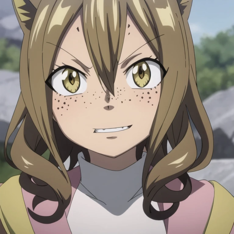 Masterpiece, best quality, 1girl, (face focus), 9 years old, (very young:1), looking at viewer, depth of field, (Fairy Tail style:1.25), (curly dark brown hair:1.05), medium hair, cat_ears, yellow eyes, light tanned colored skin, dark freckles, pink composition shirt, dark magenta bomber jacket, (anime screencap:0.6), outside background, science fiction social science fiction