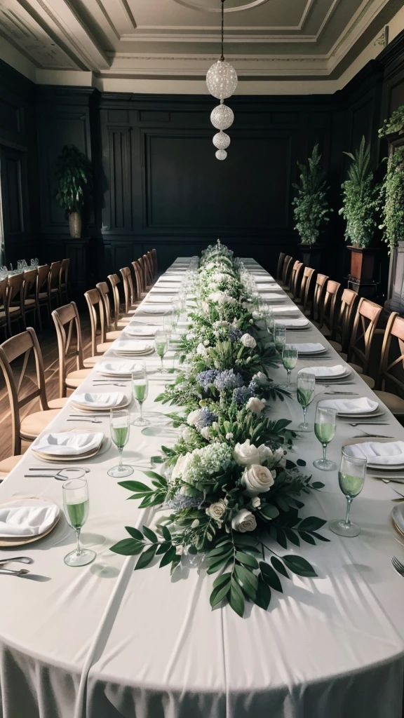 A simple and minimalist wedding party, with a panel of plants and decorative tables