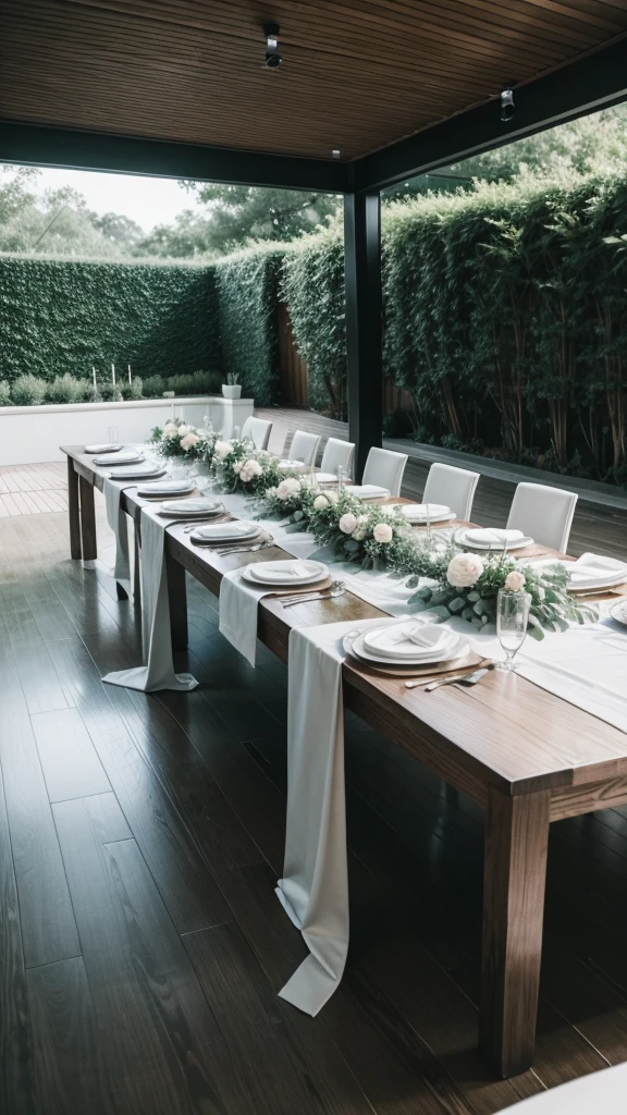 A simple and minimalist wedding party, with a panel of plants and decorative tables