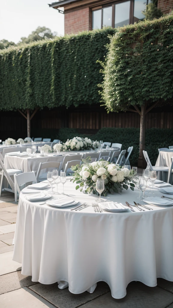 A simple and minimalist wedding party, with a panel of plants and decorative tables