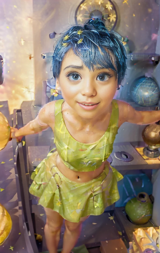 Masterpiece, Best Quality, (happiness_Inside out, yellow skin, ),  happy, green dress,  pixar, Cartoon, 3D rendering, , (naked:1.4), nipples (blush:1.0), detailed face, roadside, Crouching POV, sfw,  (((Place_Inside out, yellow skin, Blue eyes, blue duendecillo cut))), happy, (((sleeveless lime green dress speckled with firework-style flowers print that goes to the knees))), pixar, Cartoony, 3D rendering, small breasts, barefoot, sunlight, (Chapped lips:1.4), (blush de nariz:1.2), foreshortening, black cuts, (eye contact), High contrast, ultra high resolution, high resolution, detailed, visible breasts, showing breasts, (cinematic lighting), ((high angle view)), (half body shadow), [backlighting], [twilight ray], [detailed ambient light], [gray natural lighting], [ambient light on the belly], (greater detail of wild wildlife), [explict content], [sharp focus], (questionable content), (shading), comisión de high resolution, detailed image, bright colors, detailed face, perfect lighting, perfect shadows, Perfect eyes, girl focus, Perfect face, beautiful body, shiny body, Central focus, look at the viewer, 1 girl, Alone, (Masterpiece:1.21), (Best Quality:1.2), (illustration:1.2), (cinematic lighting:1.3), balanced coloring, global illumination, ray tracing, good lighting, neckline, attractive body, sexy body, looking at the viewer, sfw, portrait, happy expression, (((headquarters from the inside out, In general, interior in purple tones., walls with numerous shelves with glowing spheres)))