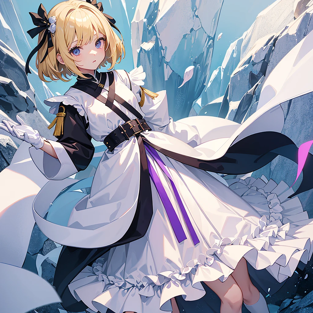 1 female、10 years old、、Blonde、Bobcut、Small green ribbons on either side of the head、White smock、Leather belt at waist、White boots、Purple collar、purple cloak、White leather gloves、Hands on hips、