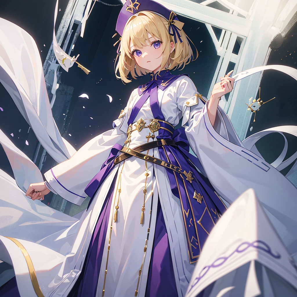 1 female、、、Blonde、Bobcut、Small green ribbons on either side of the head、White smock、Leather belt at waist、White boots、Purple collar、purple cloak、White leather gloves、Hands on hips、