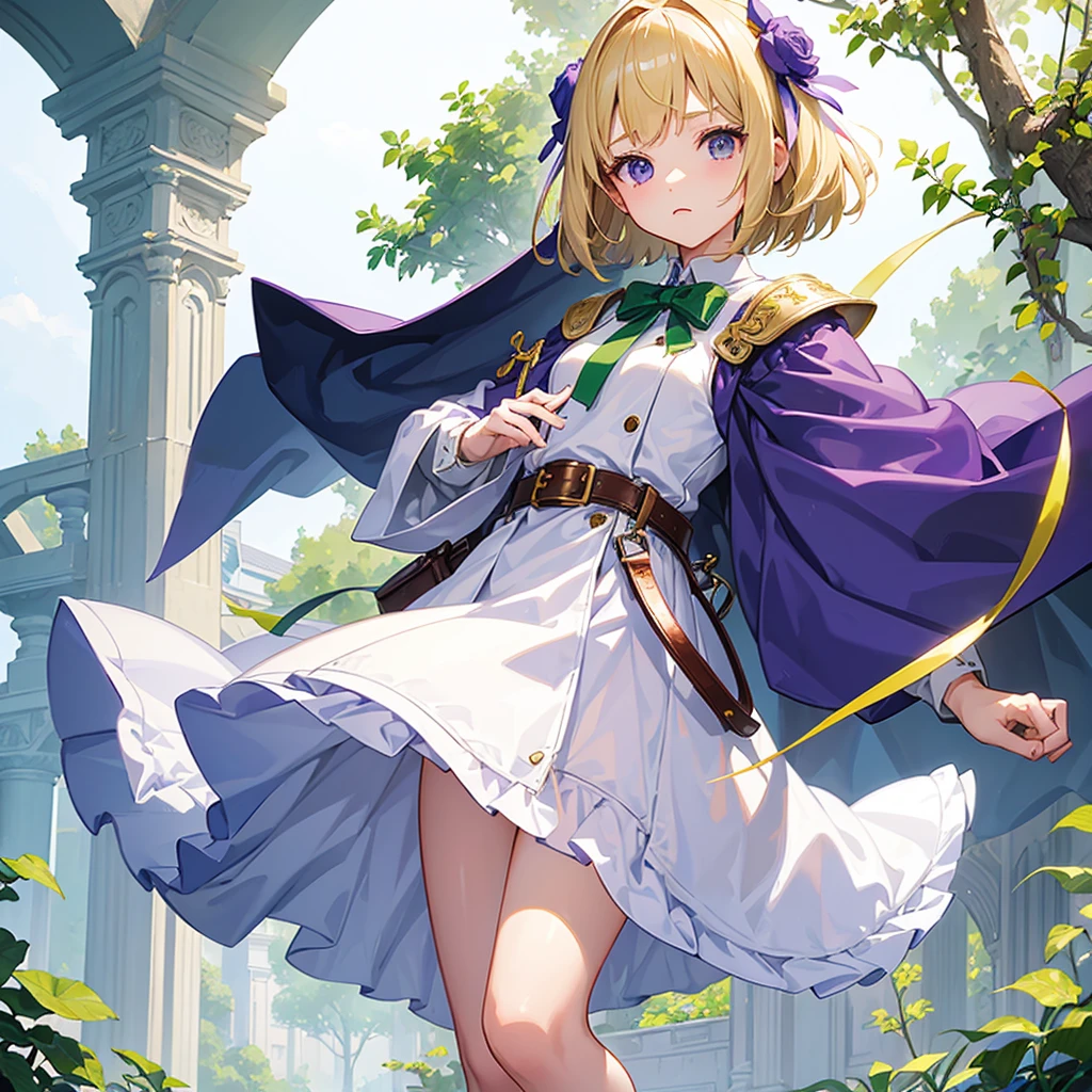 1 female、10 years old、、Blonde、Bobcut、Small green ribbons on either side of the head、White smock、Leather belt at waist、White boots、Purple collar、purple cloak、White leather gloves、Hands on hips、